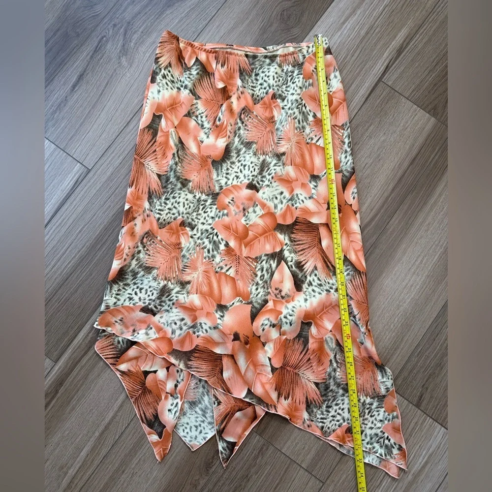 Vintage Flowy Cheetah Tropical Leaf Print Skirt Orange Cream Black - Picture 4 of 10
